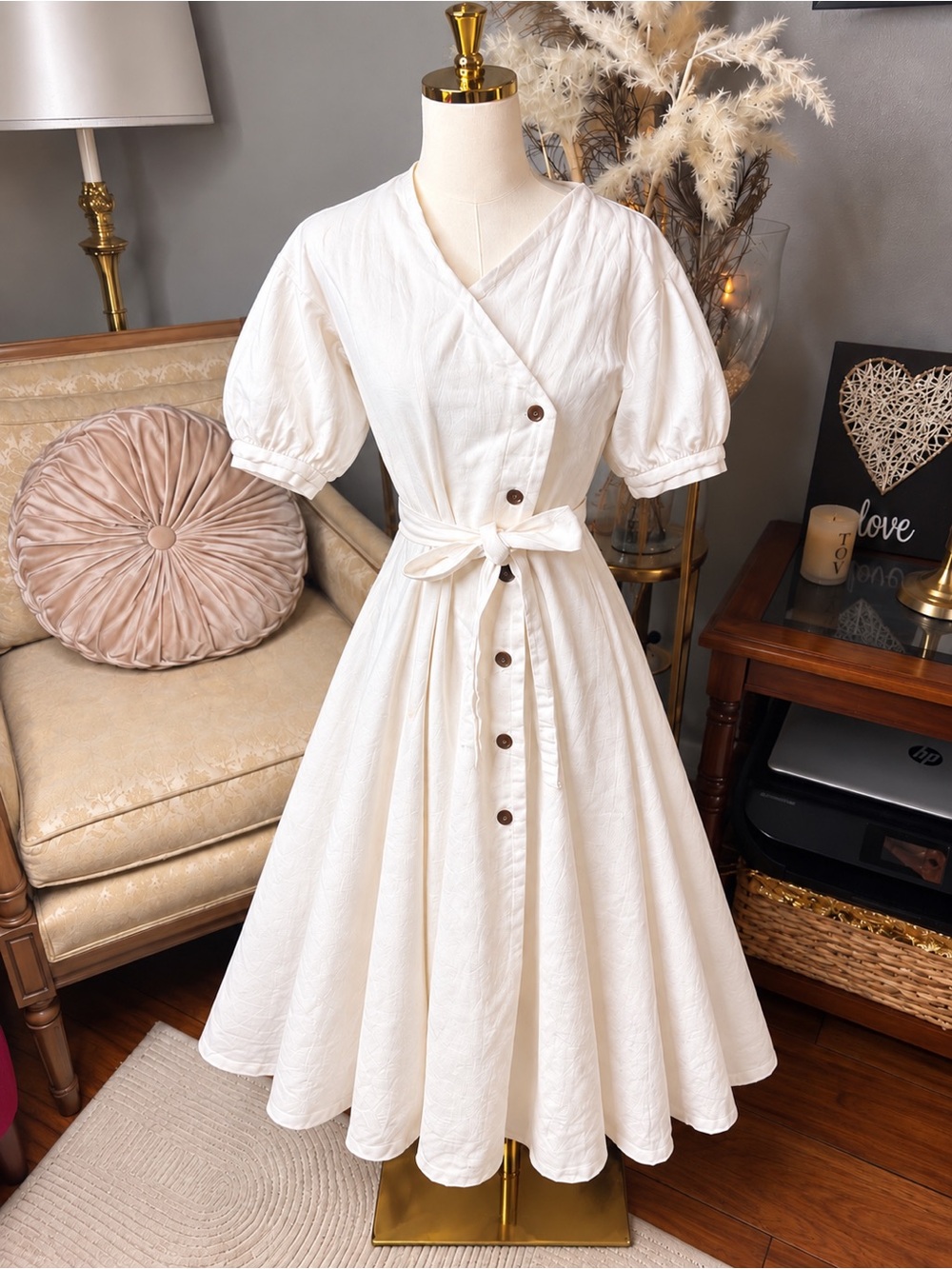 Bibyseob Ivory Cotton Wrap Midi Puff Sleeve feminine